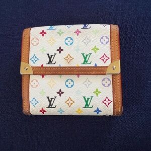 Authentic Louis Vuitton White Murakami Monogram Small Wallet with Brown Trim